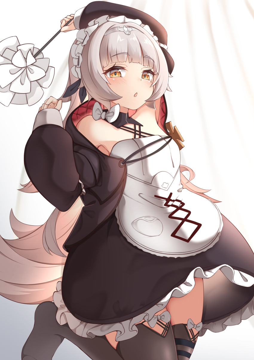 1girl absurdres apron arm_up azur_lane bare_shoulders beret black_headwear black_jacket black_legwear black_skirt blush brown_eyes commentary_request duster frilled_skirt frills grey_hair hand_up hat headpiece highres holding jacket long_hair long_sleeves looking_at_viewer moyoron parted_lips puffy_long_sleeves puffy_sleeves skirt solo standing standing_on_one_leg thigh-highs tilted_headwear very_long_hair waist_apron white_apron z46_(azur_lane) z46_(chronicles_of_the_dust_war)_(azur_lane)