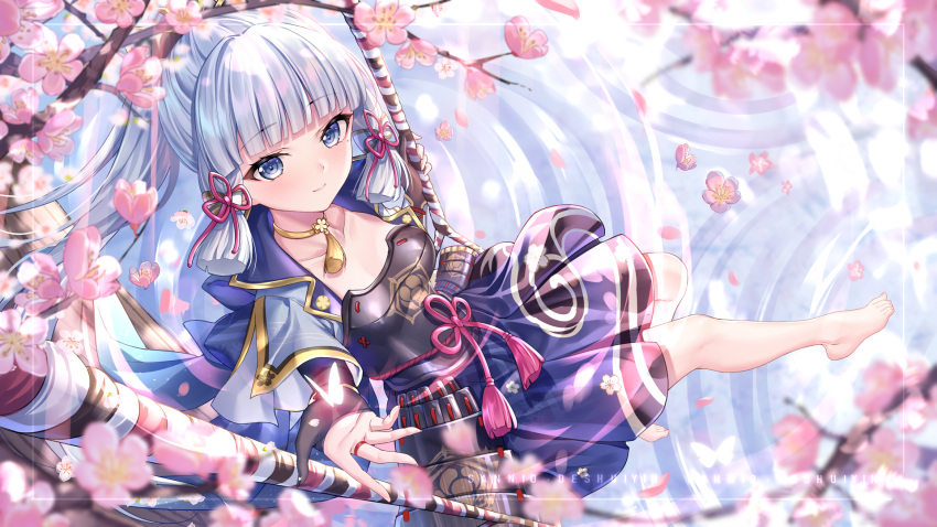 1girl armor armored_dress artist_name bangs bare_legs barefoot black_gloves blue_capelet blue_eyes blunt_bangs breastplate capelet cherry_blossoms eyebrows_visible_through_hair from_above genshin_impact gloves hair_ribbon highres japanese_armor japanese_clothes kamisato_ayaka kusazuri long_hair looking_at_viewer mole mole_under_eye partially_fingerless_gloves petals ponytail reaching_out ribbon rope sannio silver_hair sitting smile swing tassel tress_ribbon water