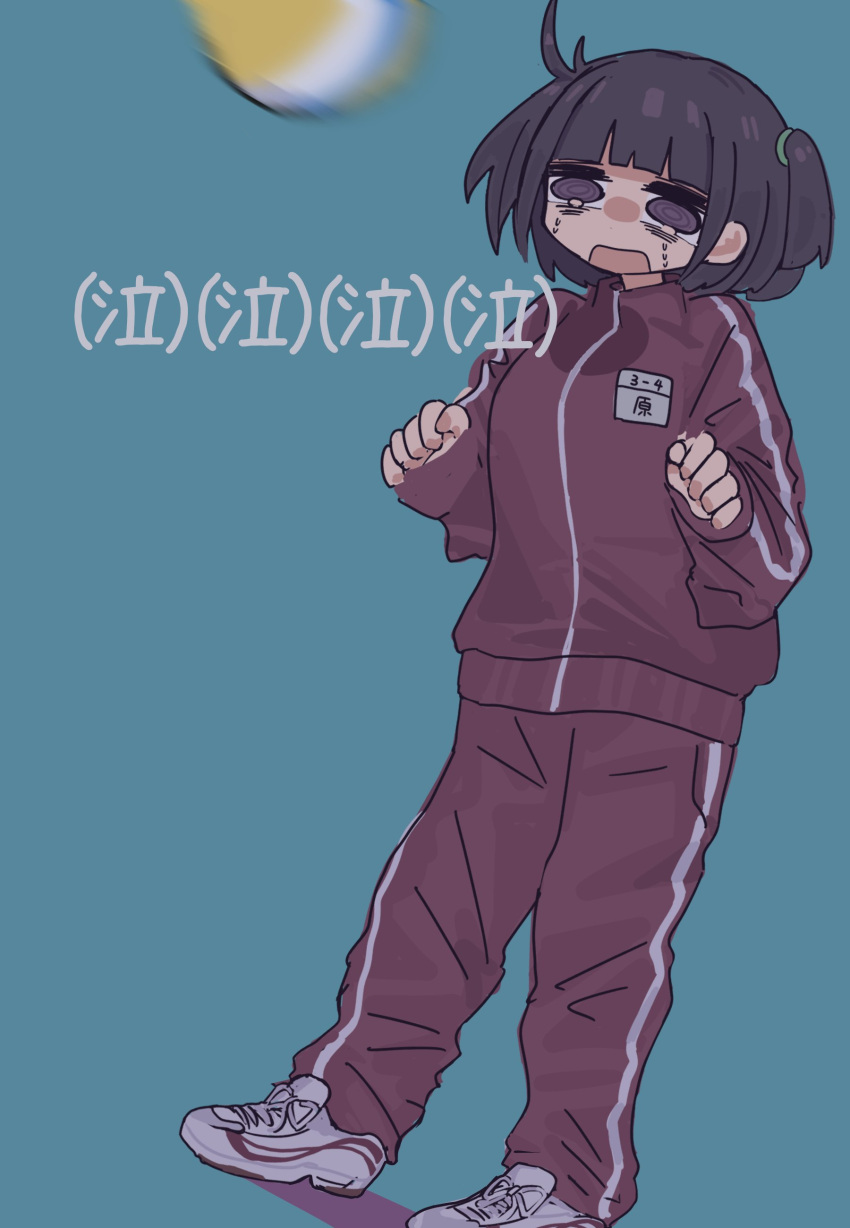 1girl @_@ absurdres black_hair blue_background eyebrows_visible_through_hair highres jacket long_sleeves looking_away open_mouth original pants red_jacket red_pants red_track_suit resupuburika shoes short_hair simple_background sneakers solo track_suit violet_eyes white_footwear