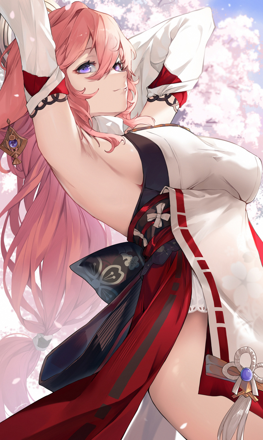 1girl absurdres animal_ears armpits arms_behind_head arms_up bare_shoulders breasts detached_sleeves earrings floppy_ears fox_ears genshin_impact hair_between_eyes highres japanese_clothes jewelry kimono large_breasts long_hair long_sleeves looking_at_viewer miko nontraditional_miko pink_hair snozaki solo very_long_hair violet_eyes white_kimono yae_miko