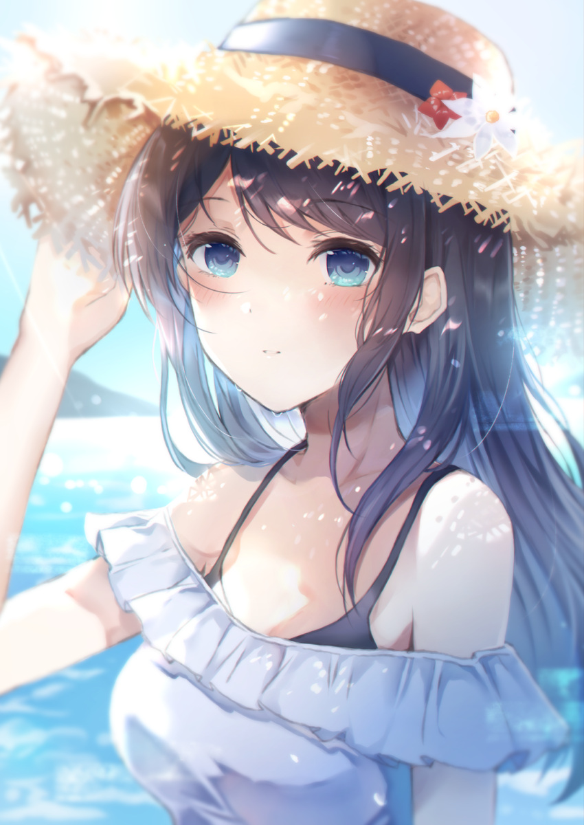 1girl arm_up bare_shoulders black_bra black_hair blue_eyes blue_ribbon blue_sky blush bra breasts commentary day english_commentary eyebrows_visible_through_hair flower frilled_shirt frills hand_on_headwear hat hat_flower hat_ribbon highres long_hair looking_at_viewer medium_breasts namamake off-shoulder_shirt off_shoulder original outdoors parted_lips ribbon shirt sky sleeveless sleeveless_shirt solo straw_hat sunlight underwear upper_body water