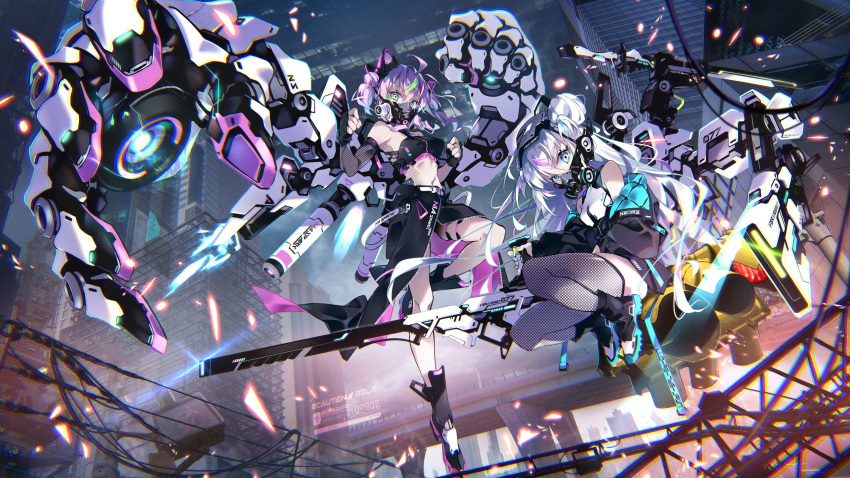 2girls black_footwear black_gloves black_jacket black_skirt breasts clenched_hand clenched_hands detached_sleeves extra_arms fingerless_gloves floating gas_mask gloves green_eyes gun halter_top halterneck hayakawa_harui head_tilt highres holding holding_gun holding_weapon jacket looking_at_viewer mask mecha_musume mechanical_arms mechanical_ears midriff multiple_girls navel open_hand original purple_hair science_fiction shoes silver_hair sitting skirt small_breasts sneakers thigh-highs thrusters twintails two_side_up weapon