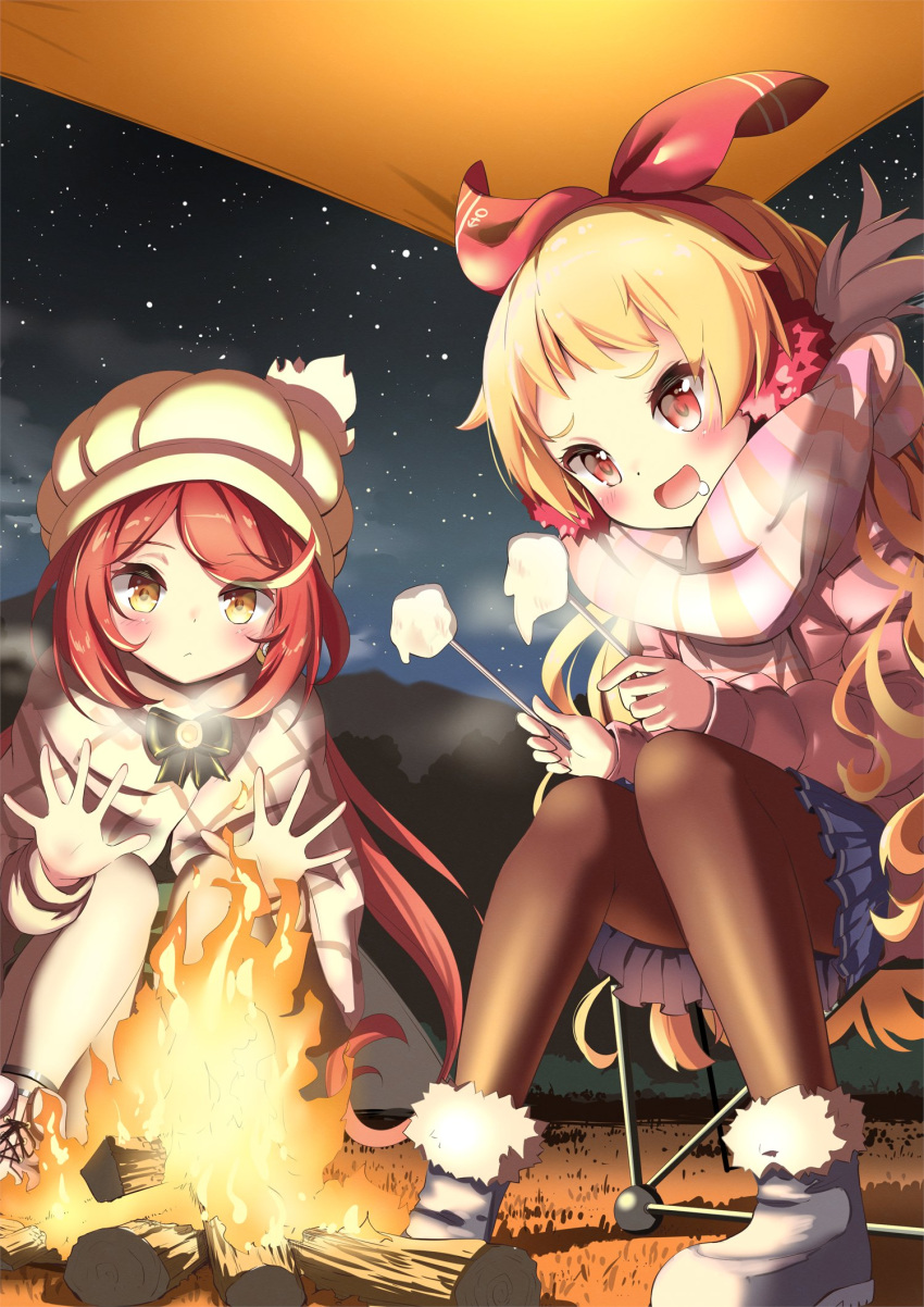 2girls azur_lane black_legwear black_ribbon blonde_hair blue_skirt blush boots campfire camping camping_chair coat commission crown_hair_ornament earmuffs earrings food forest fur-trimmed_boots fur_trim grass hat highres holding jenkins_(azur_lane) jersey_(azur_lane) jewelry log long_hair marshmallow mountain multiple_girls n2midori nature night night_sky open_mouth pantyhose red_eyes red_ribbon redhead ribbon saliva scarf skeb_commission skirt sky smile tent twintails warming_hands wavy_hair white_legwear winter_clothes winter_coat yellow_eyes yurucamp