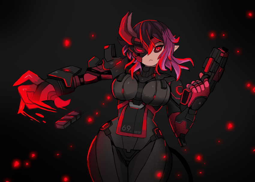 1girl basil_(basillief) black_background black_bodysuit black_hair black_sclera bodysuit colored_sclera english_commentary gloves glowing glowing_hand gradient_hair gun highres holding holding_gun holding_weapon horns indie_virtual_youtuber mask multicolored_hair one_eye_covered open_hand pink_gloves pointy_ears purple_hair red_eyes reloading scarlet_liatris solo virtual_youtuber weapon wide_hips