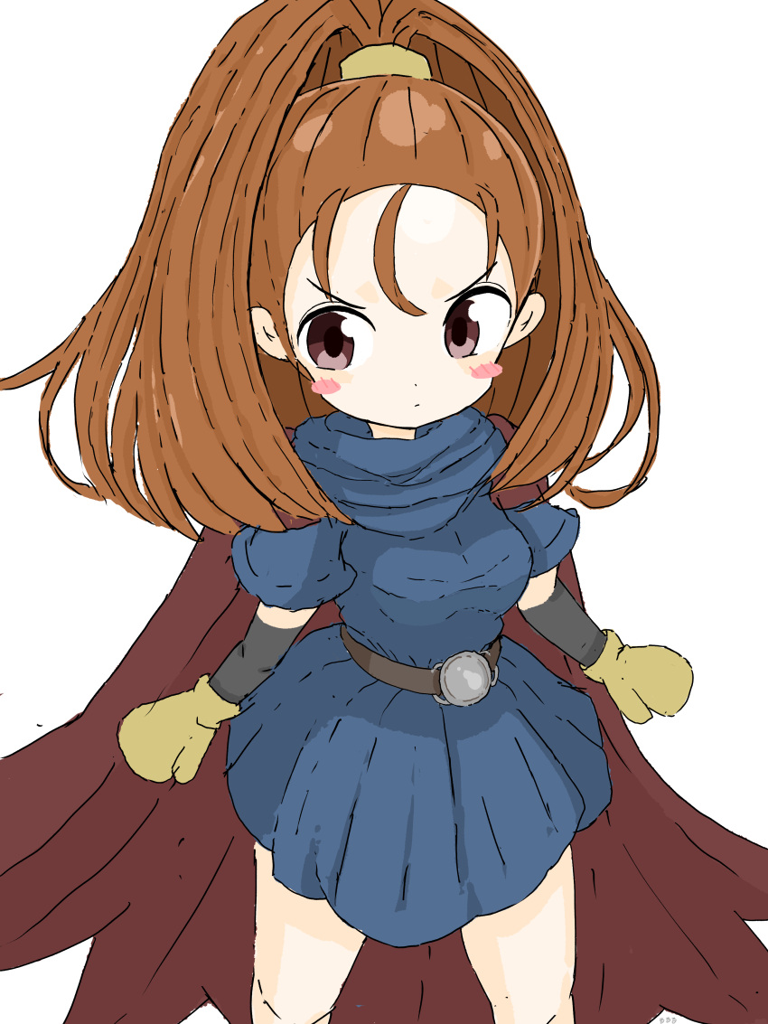 1girl absurdres barbara_(dq6) black_sleeves blue_dress blush_stickers breasts brown_cape brown_eyes brown_hair brown_mittens cape closed_mouth commentary detached_sleeves dragon_quest dragon_quest_vi dress eyebrows_visible_through_hair high_ponytail highres long_hair long_sleeves medium_breasts mittens ponytail rururu_(pyrk8855) short_sleeves simple_background solo v-shaped_eyebrows white_background