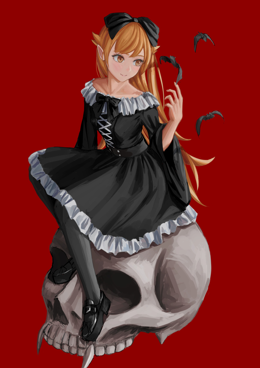 1girl absurdres bat black_bow black_dress black_footwear black_legwear blonde_hair bow closed_mouth collarbone commentary dress hair_bow hand_up highres long_hair long_sleeves monogatari_(series) nemo_ringo oshino_shinobu pantyhose pointy_ears red_background simple_background sitting skull smile solo symbol-only_commentary yellow_eyes