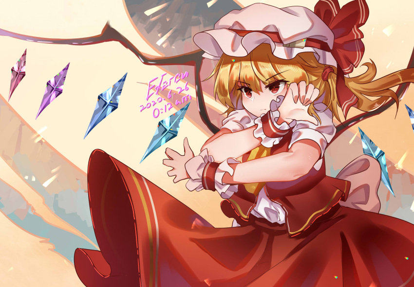 1girl 2020 arms_up artist_name ascot back_bow bangs blonde_hair blush bow breasts closed_mouth crystal english_commentary eyebrows_visible_through_hair flandre_scarlet flying frills grey_bow hair_between_eyes hair_ornament hands_up hat hat_ribbon highres jewelry looking_to_the_side medium_breasts mob_cap multicolored_wings one_side_up orange_background puffy_short_sleeves puffy_sleeves red_eyes red_ribbon red_skirt red_vest ribbon shirt short_hair short_sleeves skirt solo top-exerou touhou vest white_headwear white_shirt wings wrist_cuffs yellow_ascot yellow_background