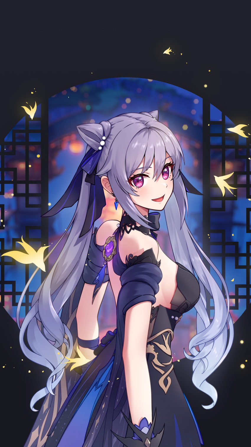 1girl :d absurdres bare_shoulders black_background black_dress breasts double_bun dress genshin_impact hair_ornament highres keqing_(genshin_impact) keqing_(opulent_splendor)_(genshin_impact) looking_at_viewer looking_back medium_breasts open_mouth rankebu sideboob simple_background smile solo twintails violet_eyes window