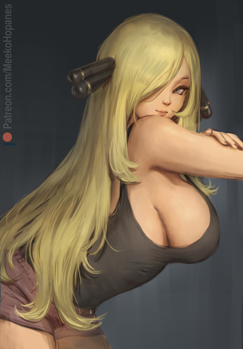 1girl absurdres bare_shoulders bent_over blonde_hair breasts cynthia_(pokemon) hair_ornament hair_over_one_eye highres large_breasts leaning_forward lips looking_at_viewer meekohopanes one_eye_covered pokemon short_shorts shorts sideboob solo tank_top turning_head yellow_eyes
