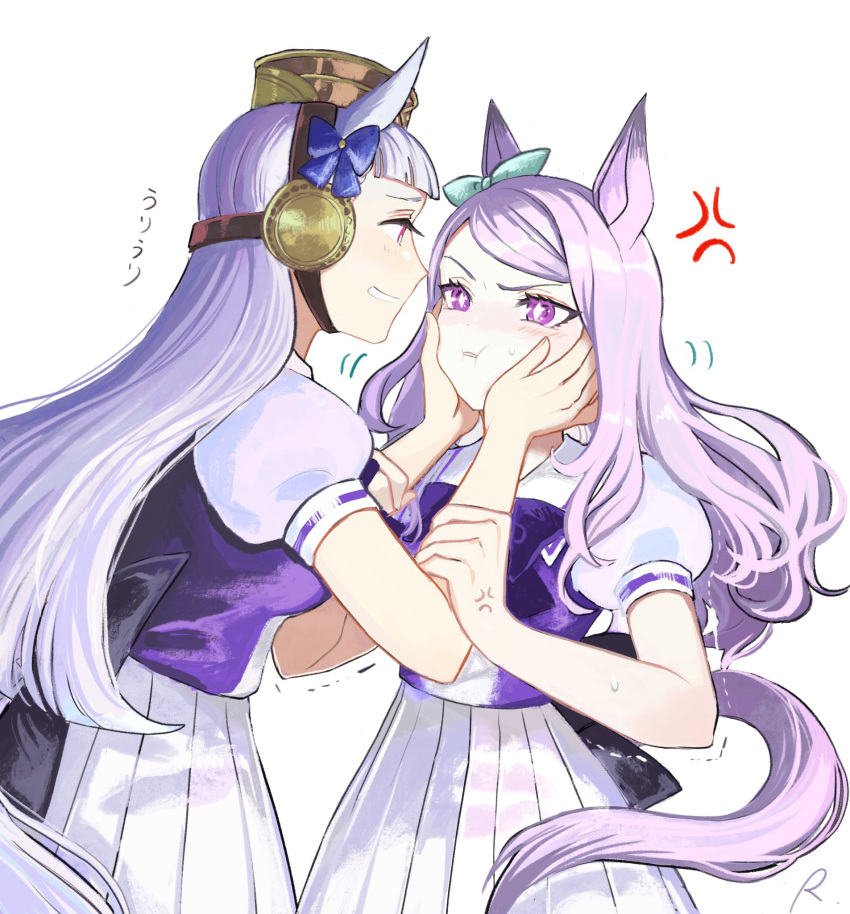 2girls anger_vein animal_ears bangs bow brown_headwear closed_mouth gold_ship_(umamusume) grin hair_bow hands_on_another's_cheeks hands_on_another's_face highres horse_ears horse_girl horse_tail long_hair looking_at_another mejiro_mcqueen_(umamusume) multiple_girls open_mouth purple_hair purple_shirt rosette_(roze-ko) sailor_collar school_uniform shirt short_sleeves simple_background skirt smile tail teeth umamusume v-shaped_eyebrows violet_eyes white_background white_skirt