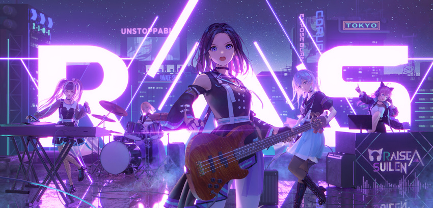 5girls :d ahoge amplifier arm_up asahi_rokka bang_dream! bangs bare_shoulders bass_guitar black_choker black_dress black_footwear black_gloves black_hair black_jacket blonde_hair blue_eyes blue_hair blue_skirt blunt_bangs boots brown_legwear building buttons cat_ear_headphones choker closed_eyes closed_mouth commentary detached_sleeves dress drum drum_set electric_guitar fingerless_gloves fishnet_legwear fishnets gloves guitar hand_on_headphones hand_up hands_up headphones high_heel_boots high_heels holding holding_instrument index_finger_raised instrument jacket keyboard_(instrument) knee_boots layered_skirt leg_up long_hair long_sleeves looking_at_viewer medium_hair miniskirt monitor multicolored_hair multiple_girls music night night_sky nyubara_reona open_clothes open_jacket open_mouth outdoors outstretched_arm pantyhose parted_bangs playing_instrument raise_a_suilen red_eyes redamon redhead reflection satou_masuki shirt shoes short_sleeves sitting skirt sky sleeveless sleeveless_dress smile song_name standing standing_on_one_leg star_(sky) tamade_chiyu teeth twintails two-tone_hair upper_teeth v-shaped_eyebrows wakana_rei white_hair white_shirt wide_sleeves