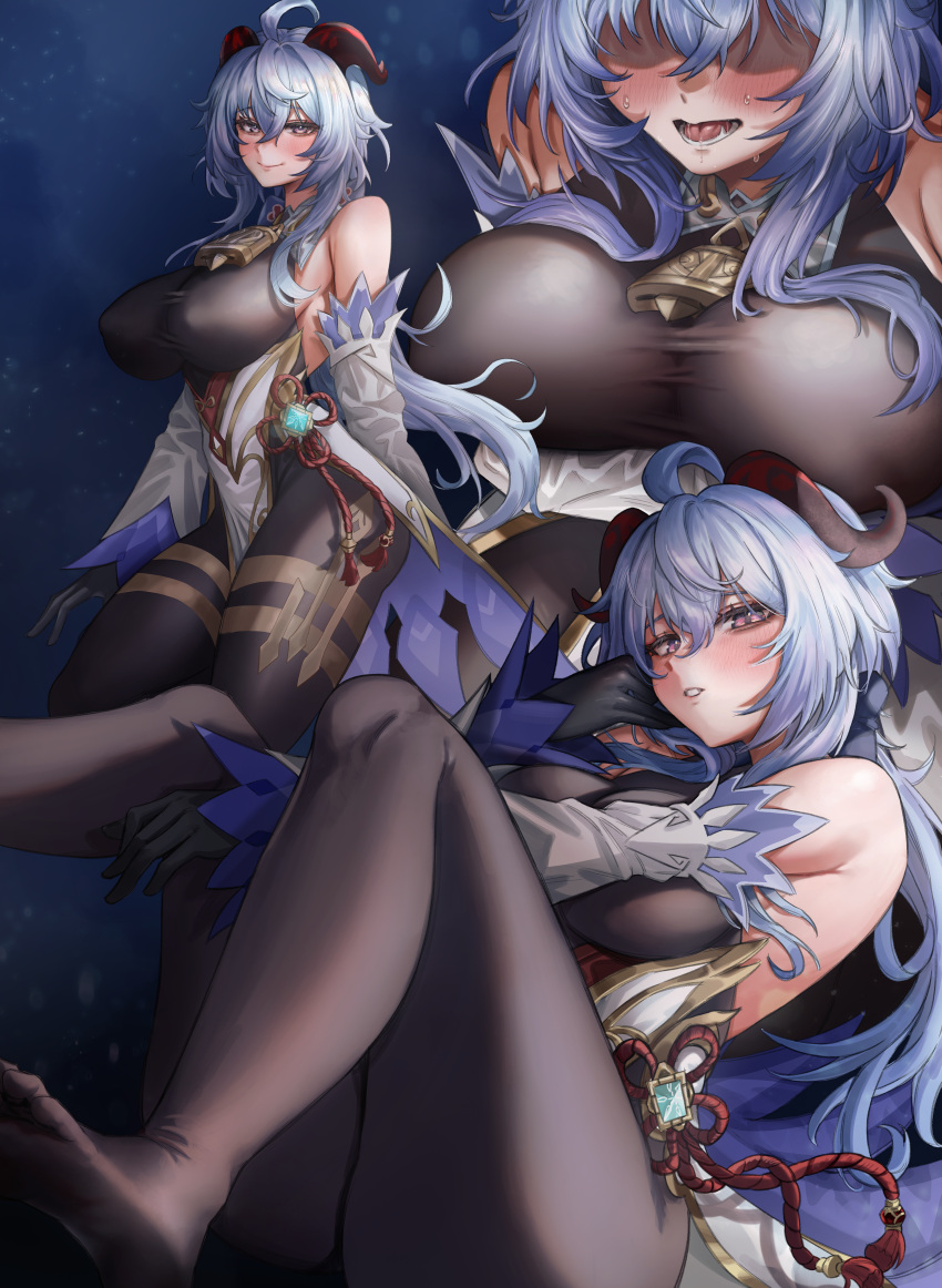 1girl absurdres bare_shoulders bell black_bodysuit blue_hair bodysuit breasts cowbell ganyu_(genshin_impact) genshin_impact highres horns large_breasts long_sleeves no_shoes nompang smile solo thighs violet_eyes