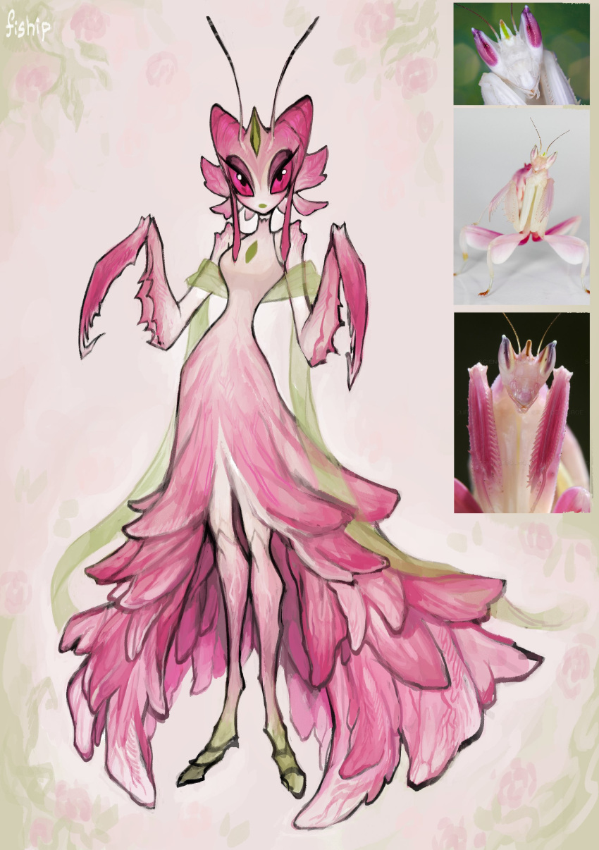 1girl absurdres antenna_hair antennae arthropod_girl black_eyes closed_mouth colored_sclera colored_skin dress highres horns long_dress looking_at_viewer mantis_girl matilda_fiship monster_girl no_hands orchid_mantis original pink_dress pink_sclera pink_skin praying_mantis sanpaku shawl signature single_horn solo standing
