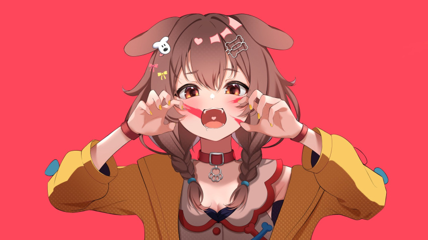 1girl animal_(vocaloid) animal_ears bangs bone_hair_ornament bow braid brown_eyes brown_hair claw_pose collar commentary_request dog_ears dog_girl dog_hair_ornament eyebrows_visible_through_hair facepaint hair_between_eyes hair_bow hair_ornament highres hololive hoso-inu inugami_korone jacket long_hair long_sleeves looking_at_viewer nail_polish open_clothes open_jacket open_mouth red_collar shirt solo takumin_dx twin_braids upper_body virtual_youtuber white_shirt wristband yellow_jacket yellow_nails