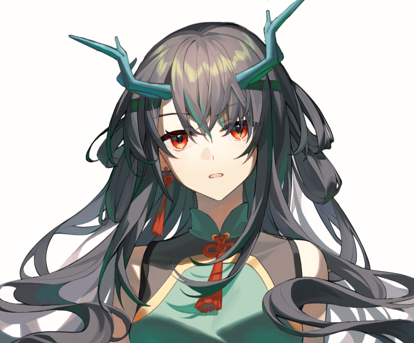 1girl arknights bangs bare_shoulders black_hair breasts covered_collarbone dragon_horns dress dusk_(arknights) dusk_(everything_is_a_miracle)_(arknights) earrings eyebrows_visible_through_hair green_dress hair_rings highres horns idass_(idass16) jewelry long_hair looking_at_viewer medium_breasts official_alternate_costume open_mouth red_eyes simple_background sleeveless sleeveless_dress solo tassel tassel_earrings very_long_hair white_background