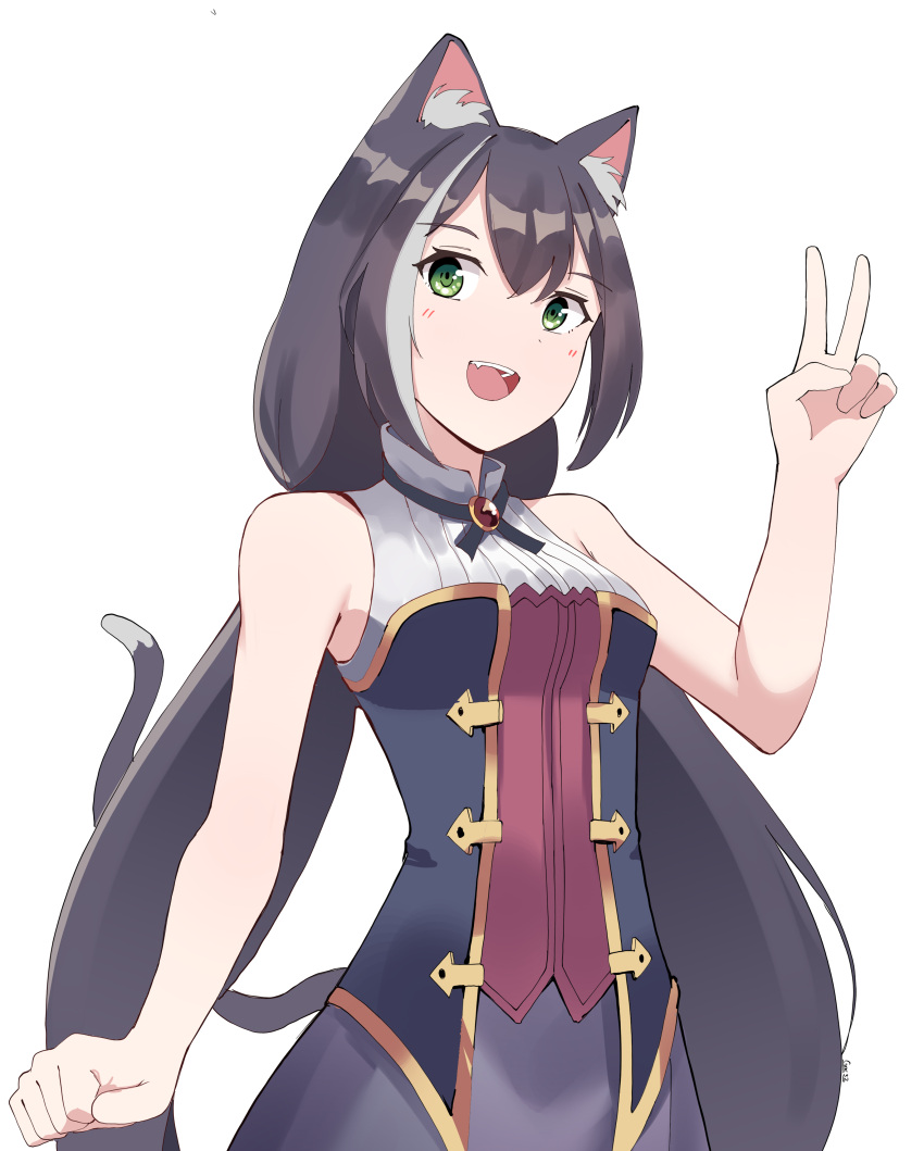 1girl :d absurdres animal_ear_fluff animal_ears bangs bare_arms bare_shoulders black_hair blush breasts cat_ears cat_girl cat_tail dress eyebrows_visible_through_hair gar32 green_eyes hair_between_eyes highres karyl_(princess_connect!) long_hair looking_at_viewer low_twintails medium_breasts princess_connect! purple_skirt shirt simple_background skirt sleeveless sleeveless_dress smile solo tail tail_raised twintails upper_body v very_long_hair white_background white_shirt