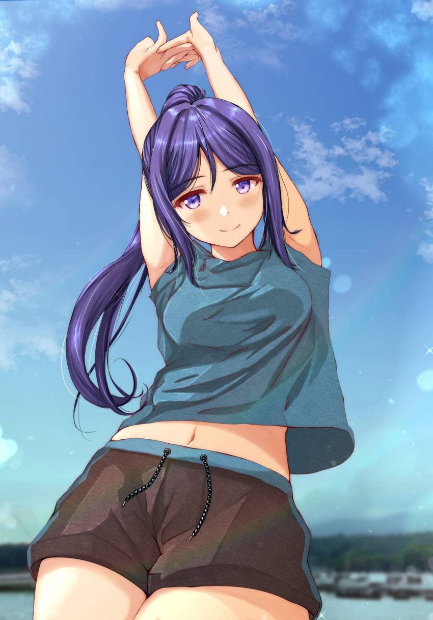 1girl bangs birthday blush breasts clouds cloudy_sky commentary_request eyebrows_visible_through_hair fushimi_asuha high_ponytail highres long_hair looking_at_viewer love_live! love_live!_sunshine!! matsuura_kanan medium_breasts navel ponytail purple_hair shiny shiny_hair short_shorts shorts sidelocks sky smile solo stretch violet_eyes