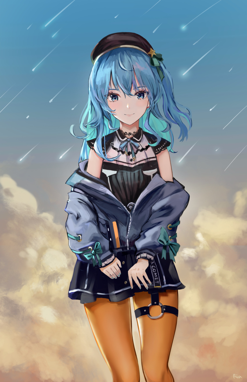 1girl absurdres beret blue_eyes blue_hair blue_nails choker closed_mouth clothes_pull clouds gary_huang hat highres hololive hoshimachi_suisei long_hair looking_at_viewer neck_ribbon official_alternate_costume orange_legwear pantyhose ribbon shirt shooting_star skirt sky sleeveless sleeveless_shirt smile solo standing star_(sky) starry_sky sweater sweater_pull thigh_strap virtual_youtuber zipper