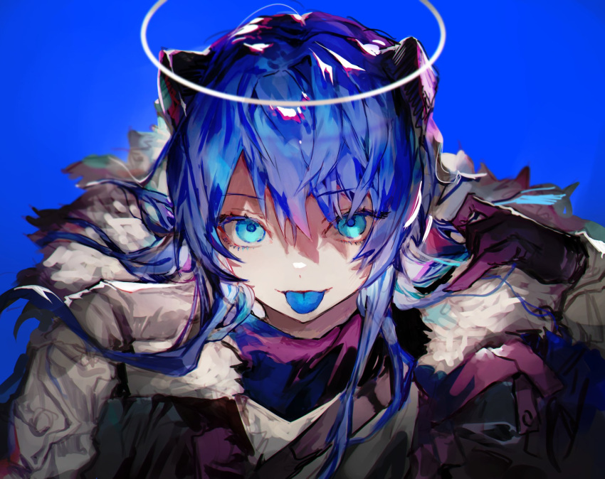 1girl :p arknights arm_up blue_background blue_eyes blue_hair blue_tongue blurry closed_mouth colored_tongue depth_of_field eyebrows_visible_through_hair eyes_visible_through_hair fur-trimmed_jacket fur_trim gloves gradient_hair grey_jacket hair_between_eyes halo highres horns jacket kkuekkue_(chifer1958) long_hair looking_at_viewer mostima_(arknights) multicolored_hair purple_gloves purple_hair smile solo straight-on tongue tongue_out two-tone_hair upper_body