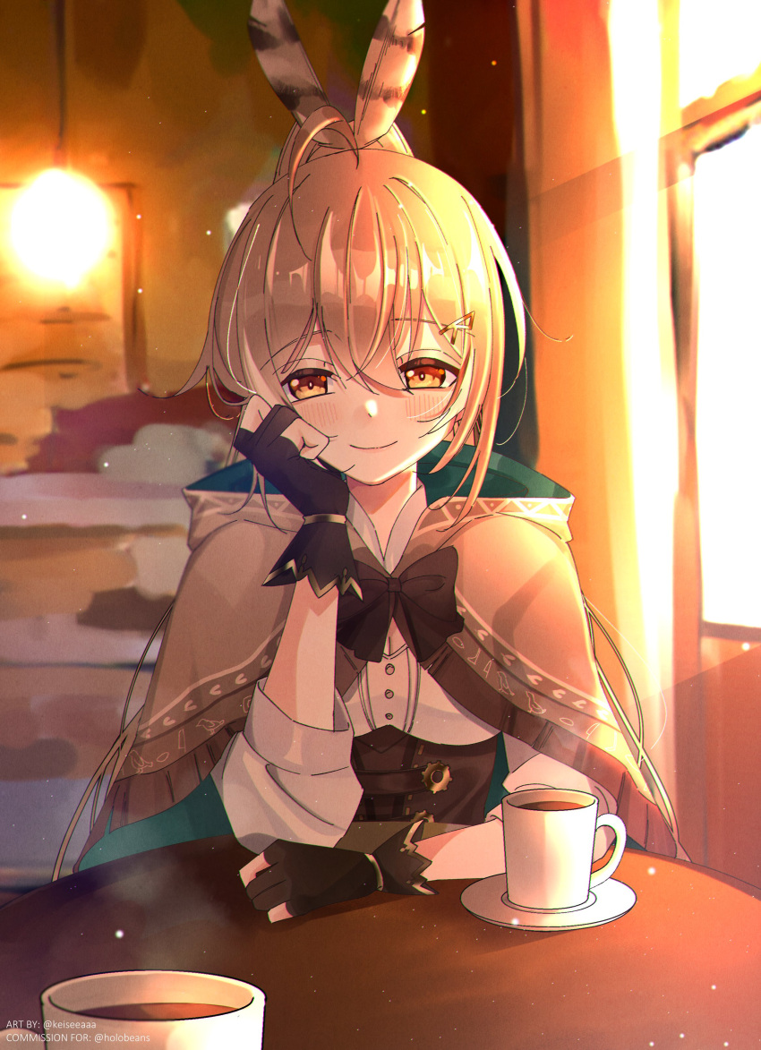 1girl absurdres ahoge bangs blush brown_capelet brown_cloak brown_corset brown_eyes brown_hair cafe capelet cloak coffee coffee_cup corset cup curtains disposable_cup feather_hair_ornament feathers gloves hair_ornament hand_on_own_face highres hololive hololive_english keisea light_rays lights looking_at_viewer nanashi_mumei partially_fingerless_gloves ponytail ribbon round_table shirt smile solo_focus sunlight virtual_youtuber white_shirt window wooden_table