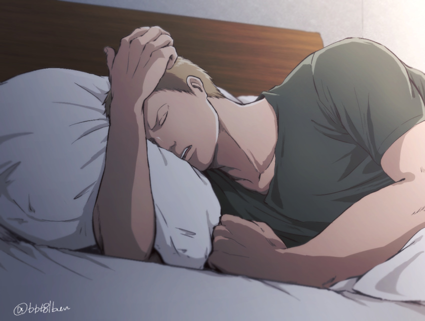 1boy bun_(bbb81bun) casual from_side green_shirt lying male_focus on_bed on_side pectorals pov_across_bed reiner_braun shingeki_no_kyojin shirt short_hair solo