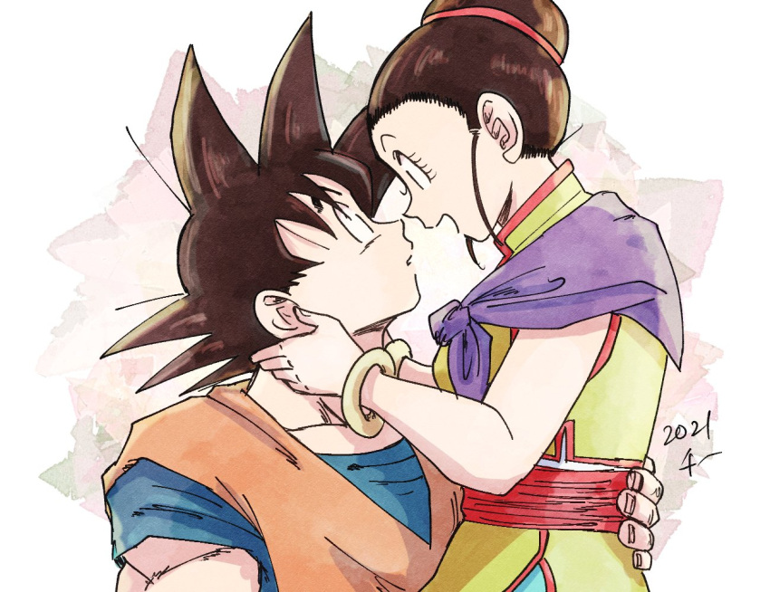 1boy 1girl bare_arms beige_background black_eyes black_hair bracelet breasts chi-chi_(dragon_ball) chi_(cmon_57) china_dress chinese_clothes couple dougi dragon_ball dragon_ball_z dress eye_contact eyelashes face-to-face from_side hair_bun hair_slicked_back hair_strand hand_on_another's_hip hands_on_another's_neck happy hetero high_collar jewelry looking_at_another medium_breasts muscular muscular_male neckerchief open_mouth parted_lips pectorals profile purple_neckerchief sideboob simple_background sleeveless sleeveless_dress son_goku spiky_hair two-tone_background undershirt upper_body white_background yellow_dress