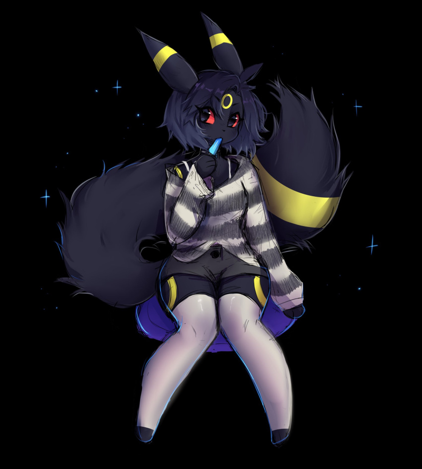 1girl anakoluth animal_ears black_eyes black_hair colored_sclera eyebrows_visible_through_hair furrification furry furry_female highres long_sleeves looking_at_viewer pokemon popsicle_in_mouth red_sclera short_hair solo tail thigh-highs umbreon white_legwear