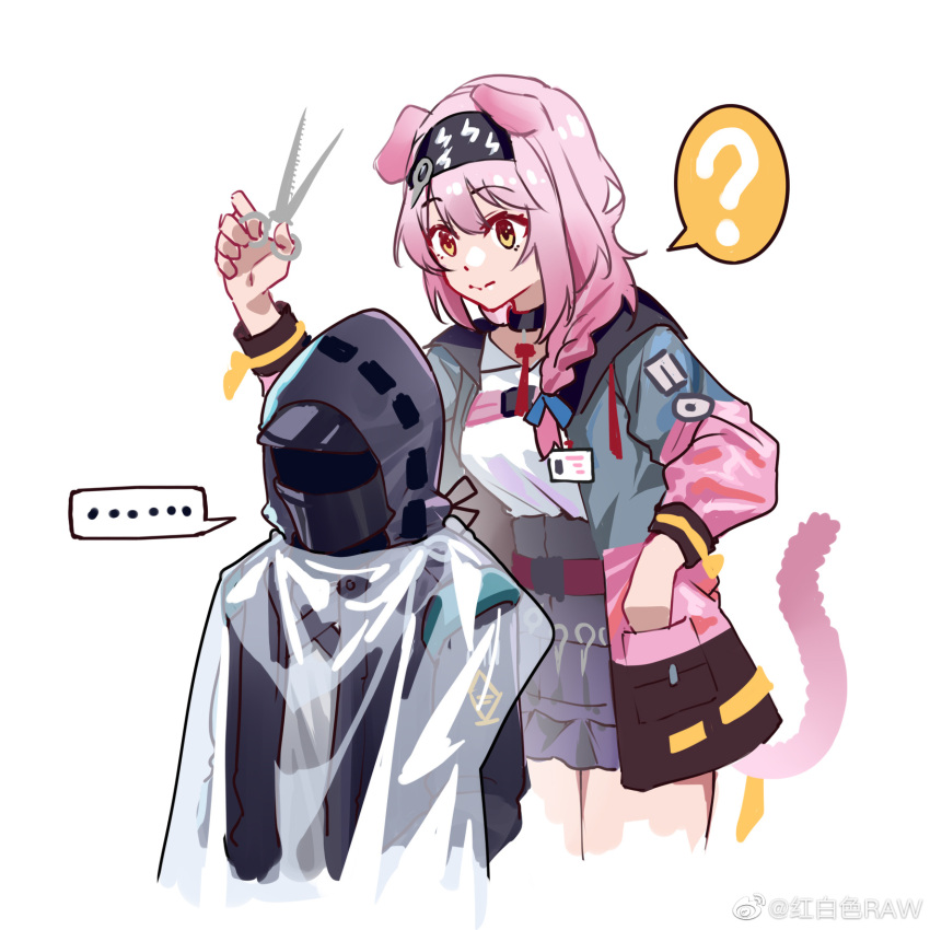 ... 1girl 1other ? animal_ears arknights artist_name bangs black_coat black_hairband black_skirt braid cat_ears cat_girl cat_tail closed_mouth coat cropped_legs doctor_(arknights) eyebrows_visible_through_hair goldenglow_(arknights) hair_over_shoulder hairband hand_in_pocket high-waist_skirt highres holding holding_scissors hongbaise_raw hood hood_up hooded_coat jacket lightning_bolt_print long_hair long_sleeves mask multicolored_clothes multicolored_jacket open_clothes open_jacket pink_hair scissors see-through shirt simple_background single_braid skirt smile spoken_ellipsis spoken_question_mark standing tail weibo_username white_background white_shirt yellow_eyes