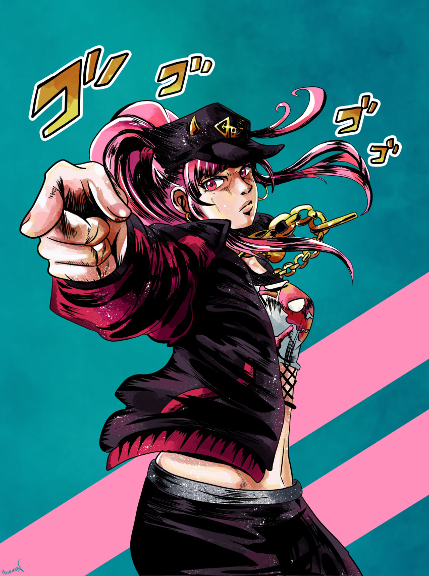 absurdres artist_request crop_top earrings fishnets hat highres hololive hololive_english jacket jewelry jojo_no_kimyou_na_bouken jojo_pose kujo_jotaro looking_at_viewer mori_calliope navel necklace pants pink_hair pointing ponytail pose red_eyes sweatpants track_jacket virtual_youtuber