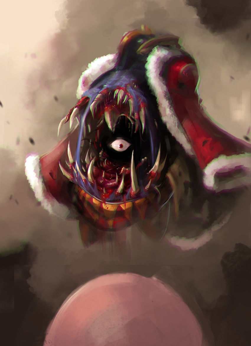 2boys absurdres blood body_horror coat commentary extra_mouth guro highres horror_(theme) king_dedede kirby kirby_(series) looking_at_another male_focus mothman_(the_m0thman) multiple_boys open_mouth red_coat red_eyes sleeves_past_fingers sleeves_past_wrists teeth