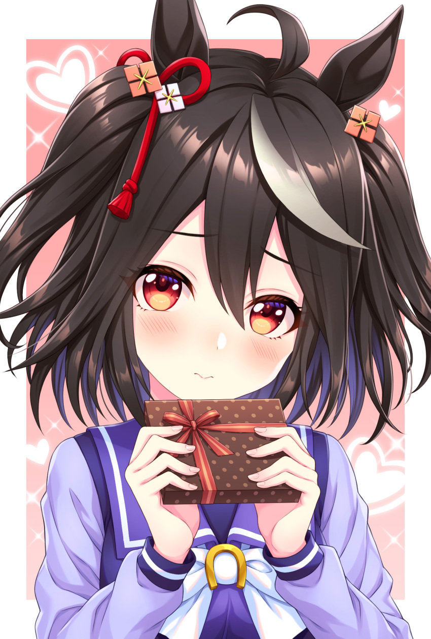 1girl ahoge animal_ears bangs black_hair blue_shirt blush bow box closed_mouth commentary_request eyebrows_visible_through_hair gift gift_box grey_hair hair_between_eyes hair_ornament heart highres holding holding_gift horse_ears kitasan_black_(umamusume) long_sleeves looking_at_viewer multicolored_hair pink_background red_eyes school_uniform shirt solo streaked_hair tomo_(tmtm_mf_mf) tracen_school_uniform two-tone_background two_side_up umamusume upper_body white_background white_bow