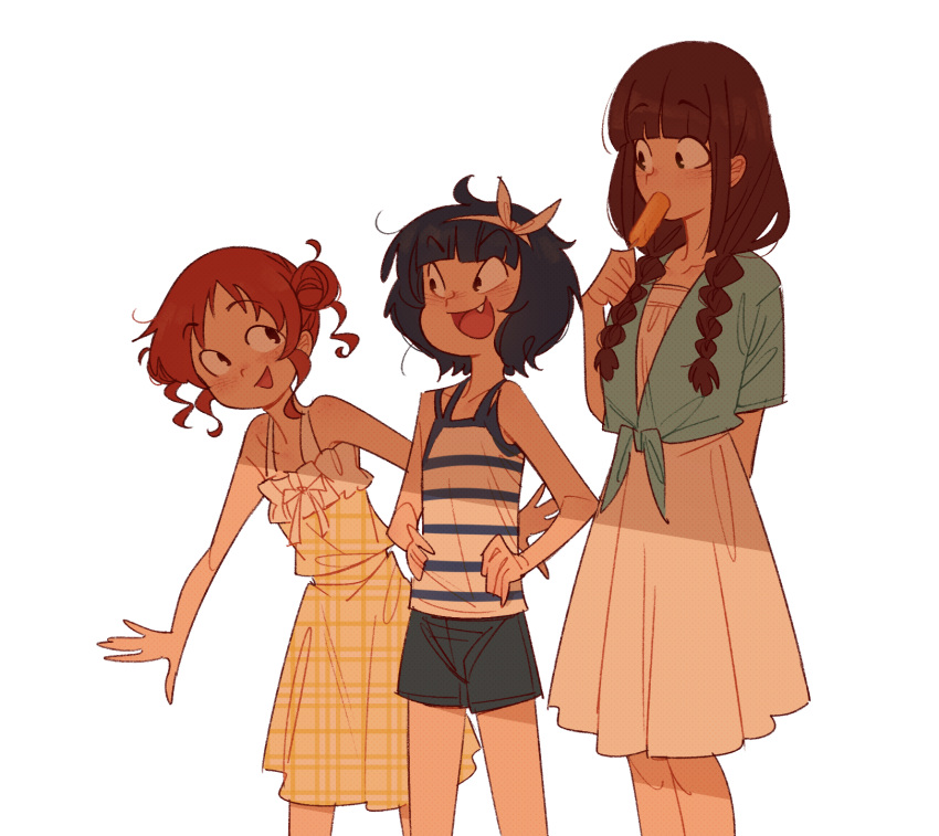 3girls :d alternate_hairstyle aqua_shirt arm_behind_back bangs bare_arms bare_shoulders blunt_bangs blush bow braid brown_eyes brown_hair casual child collarbone cowboy_shot dark_blue_hair double_bun dress dress_bow ear_blush eating eye_contact eyebrows_visible_through_hair eyes_visible_through_hair fang feet_out_of_frame flat_chest food food_in_mouth frilled_dress frills gochuumon_wa_usagi_desu_ka? grey_shorts gutalalaman hair_ribbon hairband halftone halftone_texture hand_up hands_on_hips highres holding holding_food horizontal_stripes jouga_maya legs_apart legs_together long_hair looking_at_another looking_away looking_to_the_side low_twin_braids low_twintails medium_dress multiple_girls multiple_straps muted_color narrowed_eyes natsu_megumi nose_blush open_hands open_mouth outstretched_arms plaid plaid_dress pleated_dress popsicle redhead ribbon sanpaku shade shirt short_hair short_sleeves shorts sidelocks simple_background sleeveless sleeveless_dress smile standing striped summer sundress sunlight tongue twin_braids twintails ujimatsu_chiya unmoving_pattern v-shaped_eyebrows wavy_hair white_background white_bow white_dress white_hairband white_ribbon wrists_extended yellow_dress