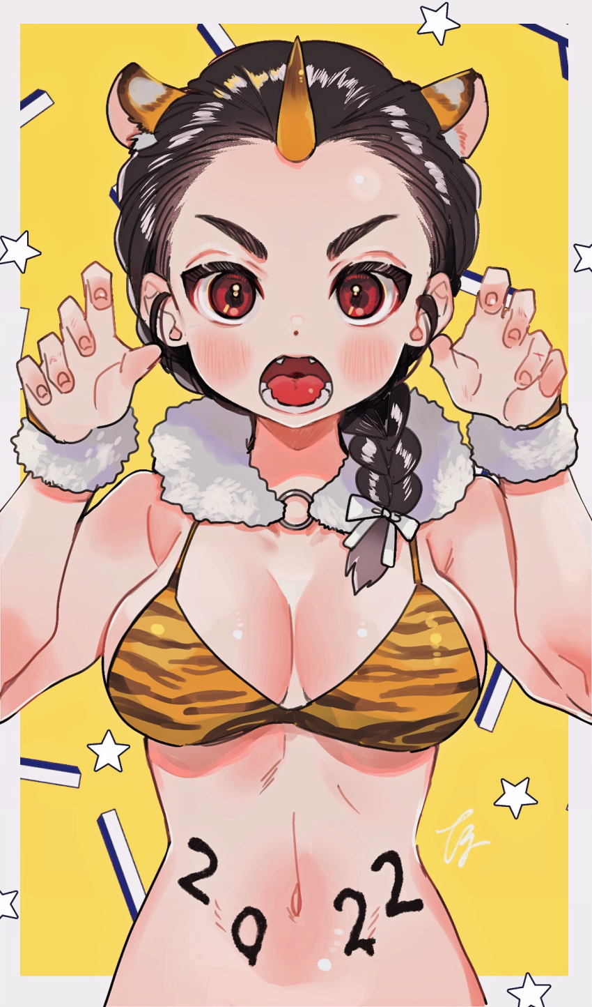 1girl 2022 animal_ears animal_print bikini black_hair braid braided_ponytail breasts claw_pose commentary fangs frown fur_collar fur_cuffs girls_und_panzer hair_over_shoulder hair_ribbon highres horns long_hair looking_at_viewer medium_breasts navel new_year oni_horns open_mouth orange_bikini print_bikini red_eyes ribbon single_braid single_horn solo star_(symbol) swimsuit tama_launcher tamada_tamaki tiger_ears tiger_print upper_body white_ribbon
