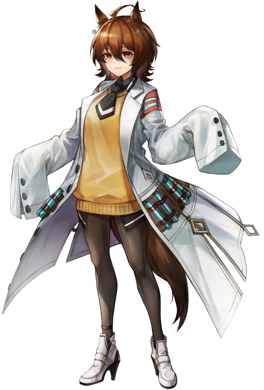 1girl agnes_tachyon_(umamusume) ahoge animal_ears bangs black_legwear black_necktie black_shirt boots brown_eyes brown_hair coat collared_shirt earrings full_body high_heel_boots high_heels highres horse_ears horse_girl horse_tail jewelry labcoat looking_at_viewer medium_hair necktie nihudau open_clothes open_coat parted_lips shirt short_necktie simple_background single_earring sleeves_past_fingers sleeves_past_wrists solo sweater tachi-e tail test_tube umamusume white_background white_footwear yellow_sweater
