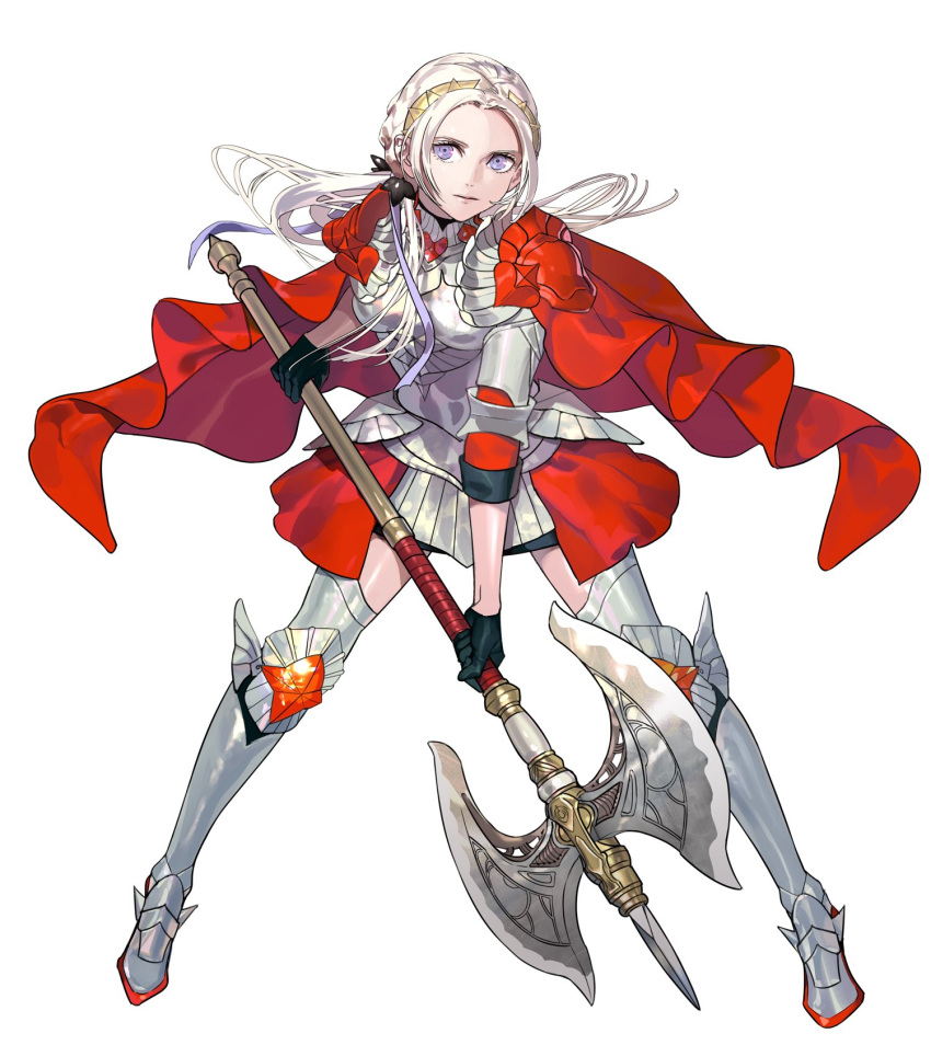 1girl alternate_costume alternate_hairstyle armor axe breastplate cape edelgard_von_hresvelg fire_emblem fire_emblem:_three_houses fire_emblem_warriors:_three_hopes full_body gloves hair_ornament highres holding holding_axe holding_weapon kurahana_chinatsu long_hair looking_at_viewer official_alternate_costume official_alternate_hairstyle official_art red_cape simple_background third-party_source violet_eyes weapon white_hair