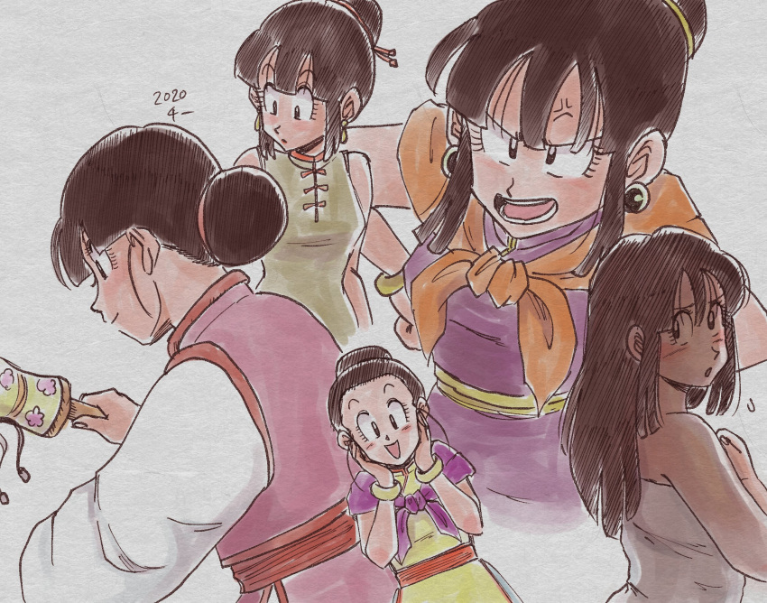 1girl 2020 anger_vein angry arms_at_sides bangs bare_arms black_hair blunt_bangs bracelet breasts chi-chi_(dragon_ball) chi_(cmon_57) china_dress chinese_clothes cropped_torso dragon_ball dragon_ball_z dress earrings eyelashes facing_away fingernails floral_print furrowed_brow green_dress grey_background hair_bun hair_down hair_slicked_back hair_strand hand_up hands_on_hips hands_on_own_cheeks hands_on_own_chest hands_on_own_face highres jewelry light_blush long_hair long_sleeves looking_back medium_breasts multiple_views muted_color naked_towel neckerchief obi orange_neckerchief parted_lips pink_dress profile purple_dress purple_neckerchief rattle red_sash sash shy side_slit sidelocks simple_background sleeveless sleeveless_dress smile tassel_hair_ornament towel upper_body v-shaped_eyebrows yellow_dress younger