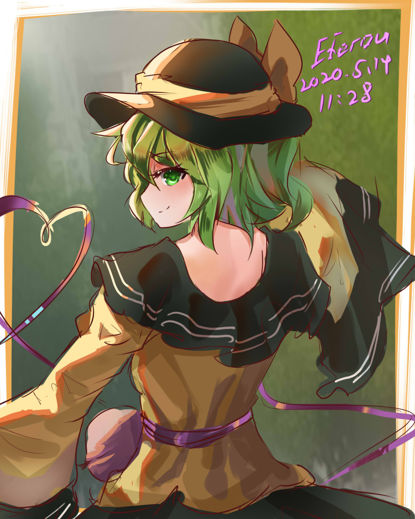 1girl 2020 absurdres arm_up artist_name back bangs black_headwear blouse blush border bow breasts closed_mouth english_commentary eyebrows_visible_through_hair frills from_behind green_background green_eyes green_hair green_skirt hair_between_eyes hand_up hat hat_bow heart highres komeiji_koishi long_sleeves looking_at_viewer looking_back short_hair simple_background skirt small_breasts smile solo standing third_eye top-exerou touhou white_border wide_sleeves yellow_blouse yellow_bow