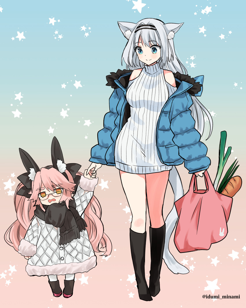 2girls absurdres animal_ear_fluff animal_ears bag baguette bangs black_bow black_footwear black_scarf blue_eyes blue_jacket boots bow bread breasts cat_ears cat_girl cat_tail closed_mouth clothing_cutout coat commentary dobrynya_nikitich_(fate) dress eyebrows_visible_through_hair fake_animal_ears fate/grand_order fate_(series) food full_body fur_trim glasses gradient gradient_background grey_hair hair_bow highres holding holding_hands izumi_minami jacket koyanskaya_(fate) long_hair long_sleeves looking_at_another looking_at_viewer medium_breasts multiple_girls open_clothes open_jacket open_mouth pink_background pink_bag pink_hair rabbit_ears ribbed_sweater scarf shopping_bag short_dress shoulder_cutout smile spring_onion standing starry_background sweater sweater_dress tail tamamo_(fate) turtleneck turtleneck_sweater twitter_username very_long_hair white_coat white_legwear white_sweater winter_clothes winter_coat yellow_eyes younger