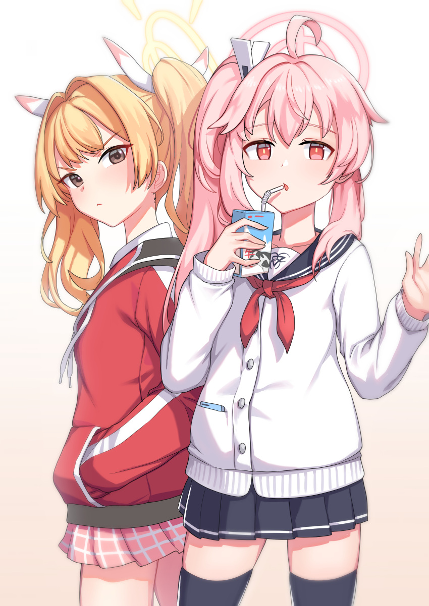 2girls absurdres ahoge bangs bendy_straw black_legwear black_skirt blonde_hair blue_archive blue_sailor_collar brown_eyes cardigan closed_mouth drink drinking_straw gyubu hair_ribbon halo hands_in_pockets highres holding holding_drink jacket long_sleeves looking_at_viewer milk_carton miniskirt multiple_girls natsu_(blue_archive) neckerchief parted_lips pink_hair pink_skirt pleated_skirt red_eyes red_jacket red_neckerchief ribbon sailor_collar side_ponytail simple_background skirt track_jacket twintails waving white_cardigan white_ribbon yoshimi_(blue_archive)