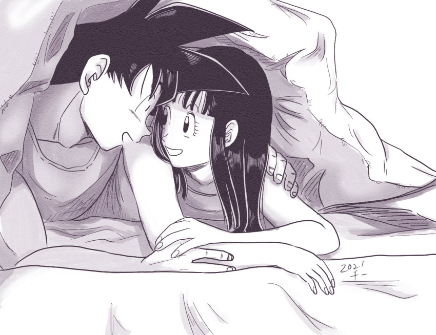 1boy 1girl arm_support bed bed_sheet black_eyes black_hair chi-chi_(dragon_ball) chi_(cmon_57) collarbone couple dragon_ball eye_contact eyelashes face-to-face fingernails greyscale hair_down hand_on_another's_arm hand_on_another's_shoulder happy hetero long_hair looking_at_another lying monochrome muscular muscular_male on_bed on_stomach open_mouth profile shade simple_background sleepwear smile son_goku spiky_hair tank_top under_covers white_background