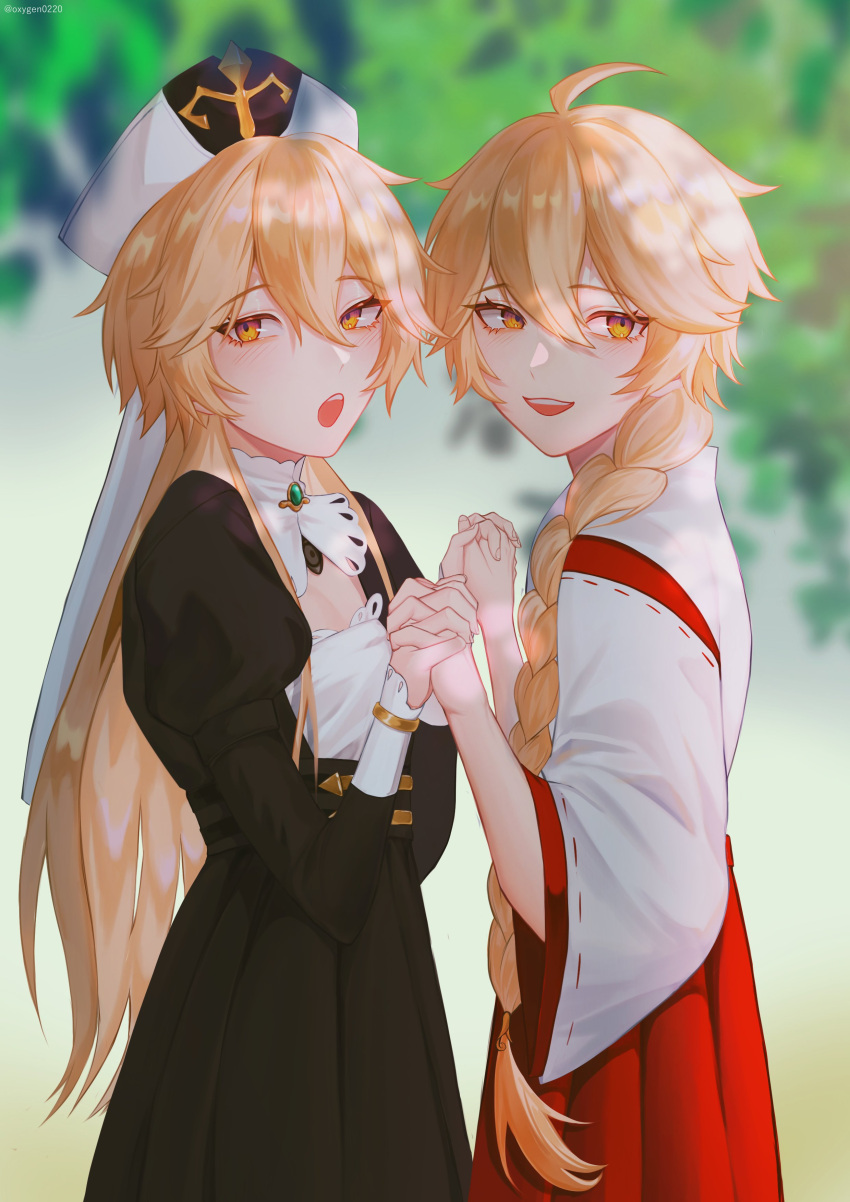 2boys absurdres aether_(genshin_impact) bangs blonde_hair blush braid clone dual_persona earrings eyebrows_visible_through_hair genshin_impact hair_between_eyes hair_ornament highres japanese_clothes jewelry long_hair long_sleeves male_focus multiple_boys open_mouth oxygen simple_background smile yellow_eyes