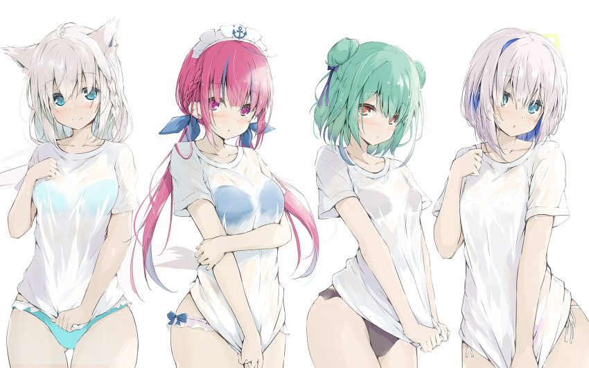 4girls ahoge amane_kanata anchor_print animal_ear_fluff animal_ears aqua_eyes arm_under_breasts bangs bikini bikini_under_clothes black_bikini blue_bikini blue_eyes blue_hair blue_ribbon blush bow bra_visible_through_clothes braid breasts closed_mouth clothes_pull collarbone colored_inner_hair commentary_request cowboy_shot double_bun ear_piercing eyebrows_visible_through_hair flat_chest fox_ears fox_girl green_hair hair_between_eyes hair_bow hair_ribbon hand_up highres hololive kusunoki_(gwzx5574) large_breasts long_hair looking_at_viewer maid_headdress medium_hair minato_aqua multicolored_hair multiple_girls no_pants panty_straps parted_lips piercing pink_hair red_eyes ribbon see-through shirakami_fubuki shirt shirt_tug short_hair short_sleeves side-tie_bikini side_braid sidelocks silver_hair simple_background skirt skirt_tug smile standing streaked_hair swimsuit t-shirt thighs twintails upper_body uruha_rushia violet_eyes virtual_youtuber water wet wet_clothes wet_shirt white_background white_bikini white_shirt