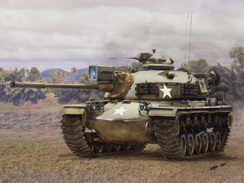 777_sergeant artist_name commentary_request day emblem forest grey_sky ground_vehicle highres military military_vehicle motor_vehicle mountainous_horizon nature no_humans original outdoors overcast signature star_(symbol) tank tank_focus vehicle_focus vehicle_request