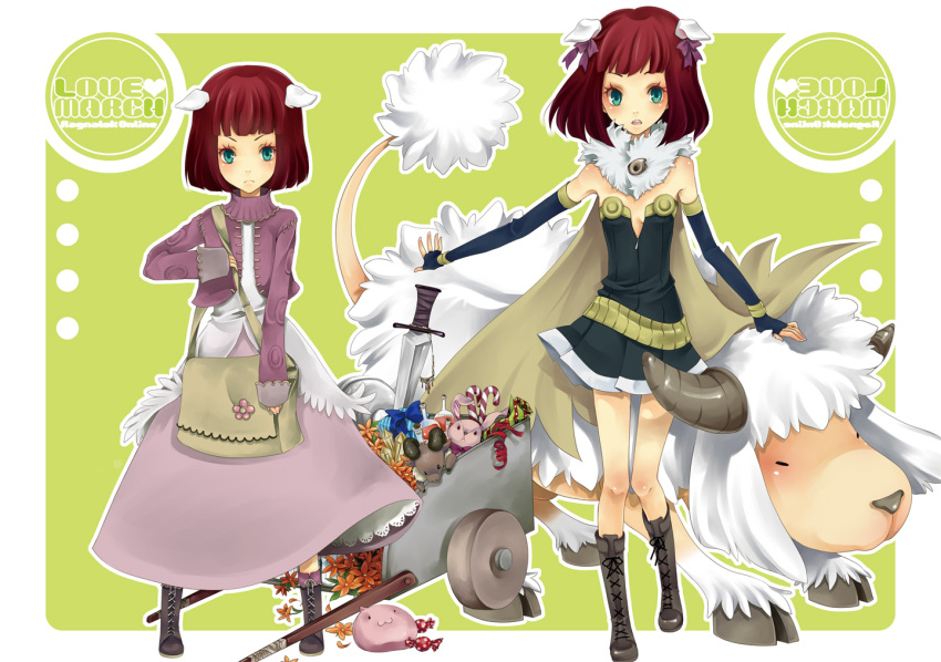 1girl :3 age_progression alchemist_(ragnarok_online) amistr_(ragnarok_online) animal_ears bag bangs baphomet_(ragnarok_online) blue_bow blue_gloves boots bow brown_cape brown_footwear candy candy_cane cape character_doll closed_mouth comiket_76 commentary_request cover cover_page cross-laced_footwear dog_ears doujin_cover dress elbow_gloves fingerless_gloves flower food full_body fur_collar gloves grey_dress hair_bow jacket looking_at_viewer magatama merchant_(ragnarok_online) open_mouth orange_flower party_popper pink_jacket pink_skirt poring potion pullcart purple_bow ragnarok_online red_ribbon redhead ribbon sheep shirt short_dress short_hair skirt slime_(creature) strapless strapless_dress stuffed_animal stuffed_bunny stuffed_toy sword weapon white_shirt yutsuki