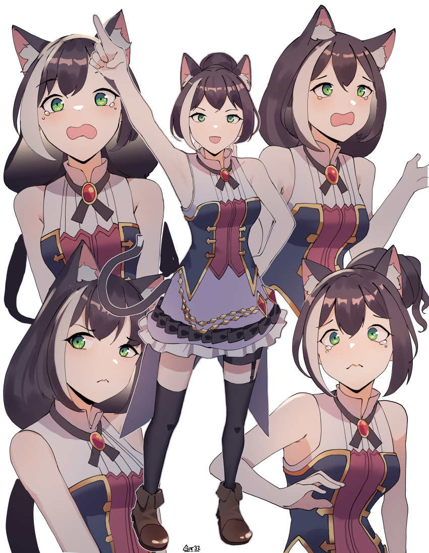 1girl :d absurdres animal_ear_fluff animal_ears arm_up bare_arms bare_shoulders black_hair black_legwear boots breasts brown_footwear cat_ears cat_girl cat_tail commentary frilled_skirt frills gar32 garter_straps green_eyes highres karyl_(princess_connect!) long_hair low_twintails medium_breasts multicolored_hair multiple_views pointing ponytail princess_connect! purple_skirt shirt signature simple_background skirt sleeveless sleeveless_shirt smile streaked_hair tail tears thigh-highs thighhighs_under_boots twintails very_long_hair wavy_mouth white_background white_hair white_shirt