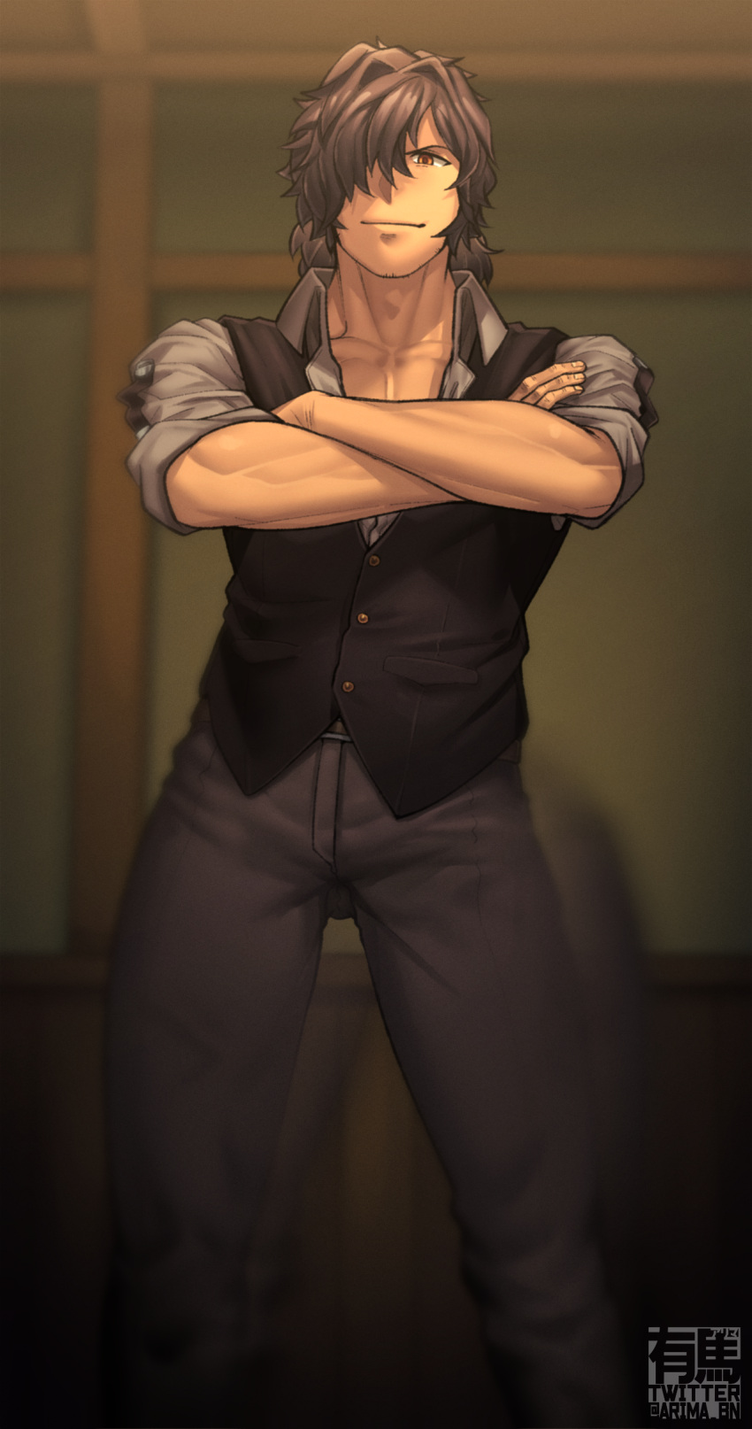 1boy absurdres arima_(arima_bn) artist_name bangs black_hair black_pants black_vest brown_eyes collared_shirt facial_hair fate/grand_order fate_(series) grey_shirt hair_over_one_eye highres long_hair long_sleeves looking_at_viewer male_focus official_alternate_costume okada_izou_(fate) open_collar pants ponytail shirt smile solo solo_focus stubble twitter_username vest