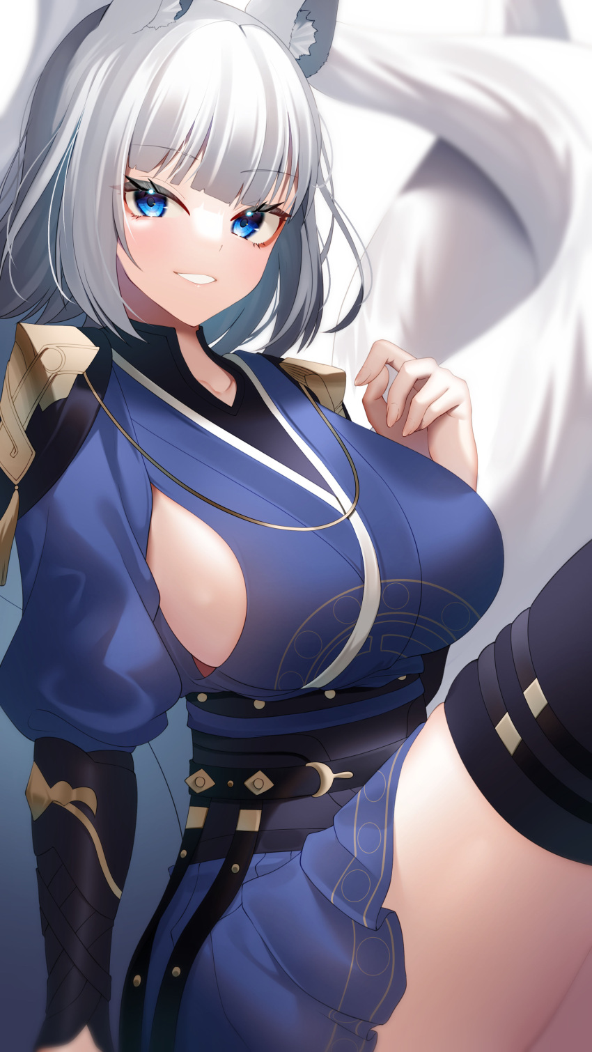 1girl absurdres animal_ear_fluff animal_ears azur_lane bangs black_legwear blue_eyes blue_shirt blue_skirt breasts commentary_request eyebrows_visible_through_hair eyelashes fox_ears fox_tail from_side hand_up highres kaga_(azur_lane) large_breasts looking_at_viewer looking_to_the_side puffy_sleeves reward_available seele0907 shirt short_hair sideboob silver_hair sitting skirt smile solo tail thigh-highs thighs