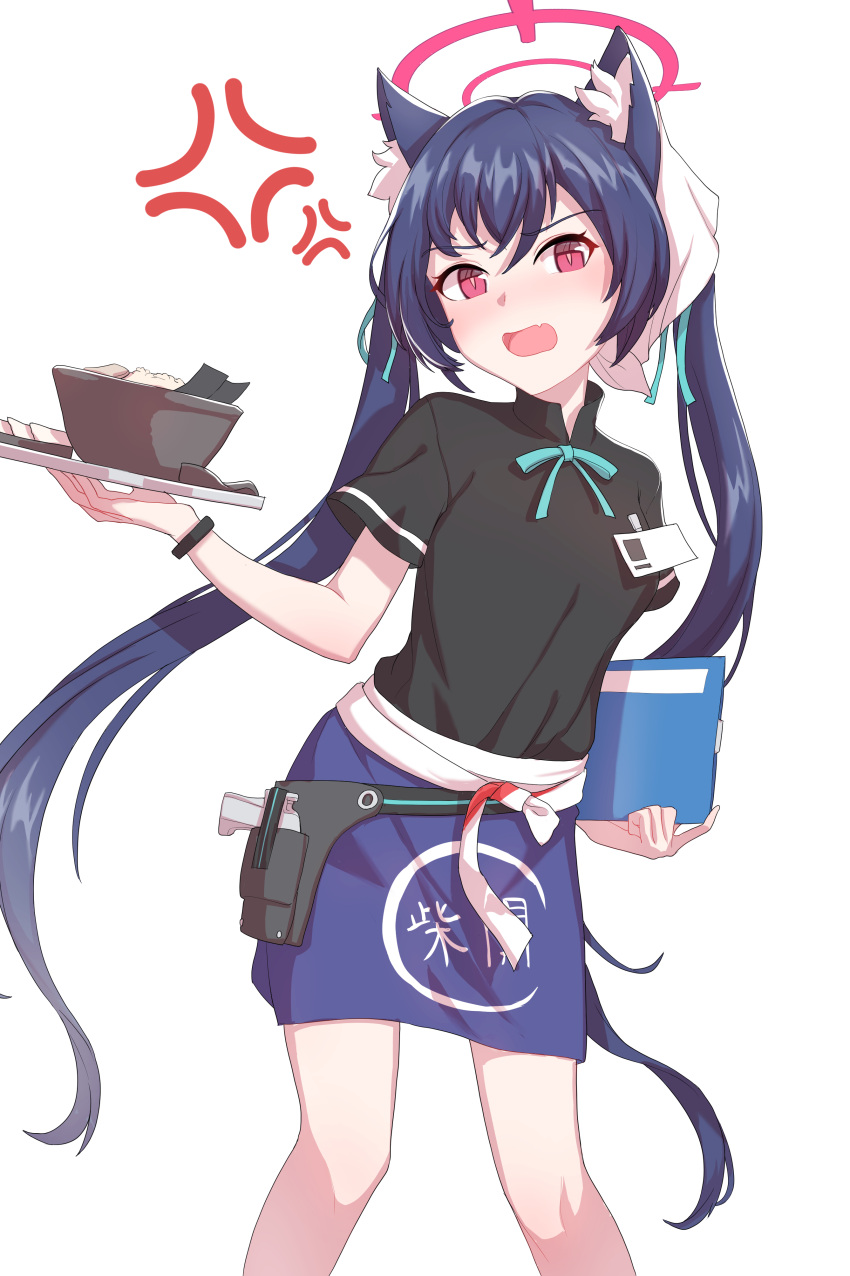 1girl absurdres anger_vein animal_ear_fluff animal_ears apron bangs black_hair black_shirt blue_apron blue_archive blue_ribbon bowl cat_ears collared_shirt cowboy_shot fang gyubu hair_ribbon halo head_scarf highres holding holding_menu holding_tray holster id_card light_blush long_hair looking_at_viewer menu neck_ribbon open_mouth red_eyes ribbon serika_(blue_archive) shirt short_sleeves simple_background skin_fang solo tray twintails waist_apron waitress white_background wristband
