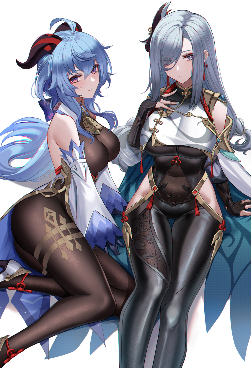 2girls absurdres ahoge bangs bare_shoulders bell black_bodysuit black_gloves blue_hair bodysuit breast_curtain breasts brown_bodysuit cape closed_mouth commentary covered_navel detached_sleeves earrings eternity_(shadeh) eyes_visible_through_hair feet_out_of_frame ganyu_(genshin_impact) genshin_impact gloves goat_horns hair_between_eyes hair_over_one_eye hand_on_own_chest high_heels highres horns jewelry large_breasts long_hair long_sleeves looking_at_viewer multiple_girls neck_bell parted_lips partially_fingerless_gloves revision shenhe_(genshin_impact) silver_hair simple_background sitting thigh_gap very_long_hair violet_eyes white_background