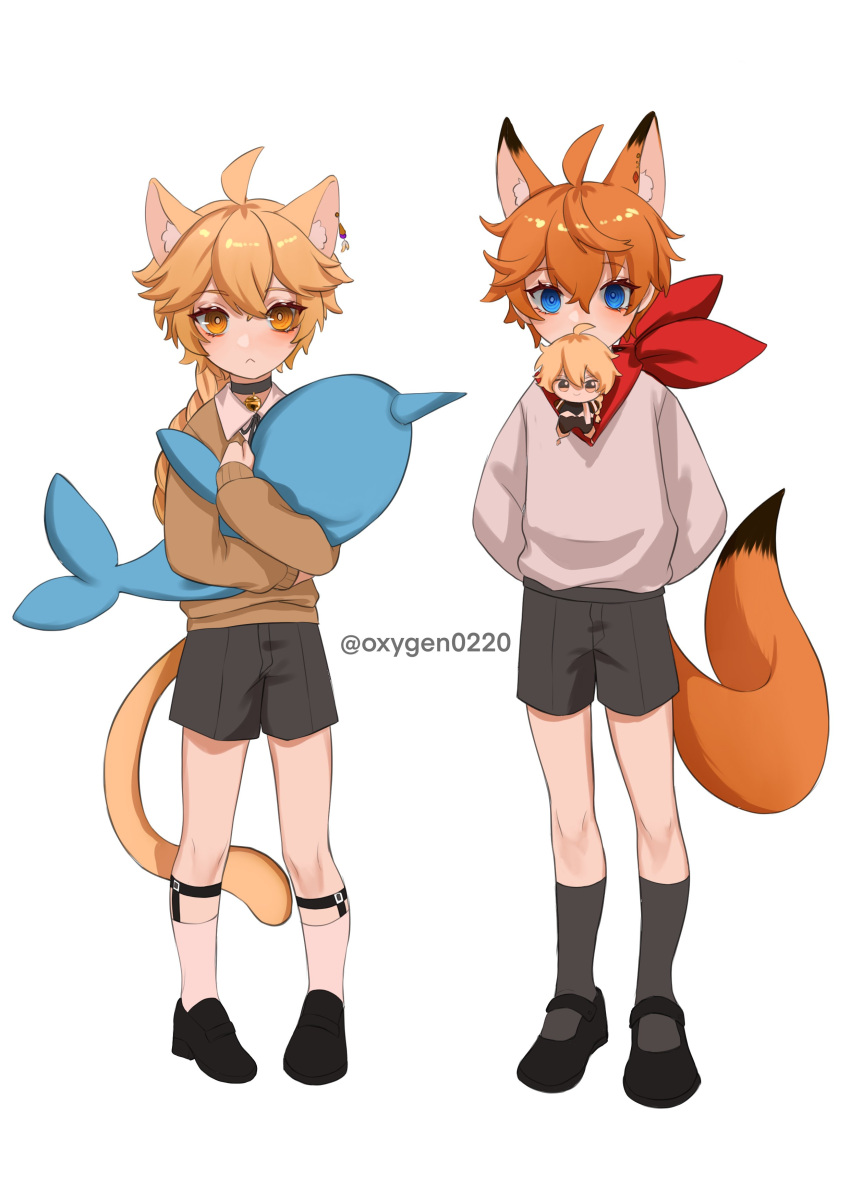 2boys absurdres aether_(genshin_impact) animal_ears bangs blonde_hair blue_eyes blush braid cat_ears cat_tail clothes doll english_text fox_ears fox_tail genshin_impact hair_between_eyes hair_ornament highres long_hair long_sleeves mouth_hold multiple_boys open_mouth orange_hair oxygen scarf single_braid tail tartaglia_(genshin_impact) twitter_username yellow_eyes